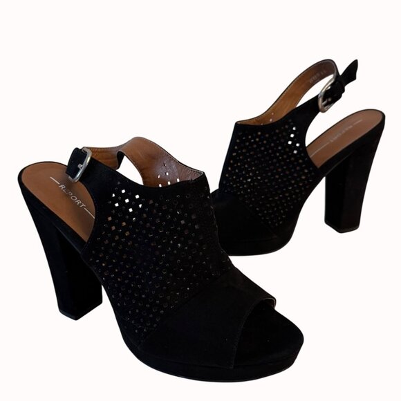Report Black Chunky Block Heels Larz Sandals 8.5 Perforated Design Faux Suede - Picture 3 of 10
